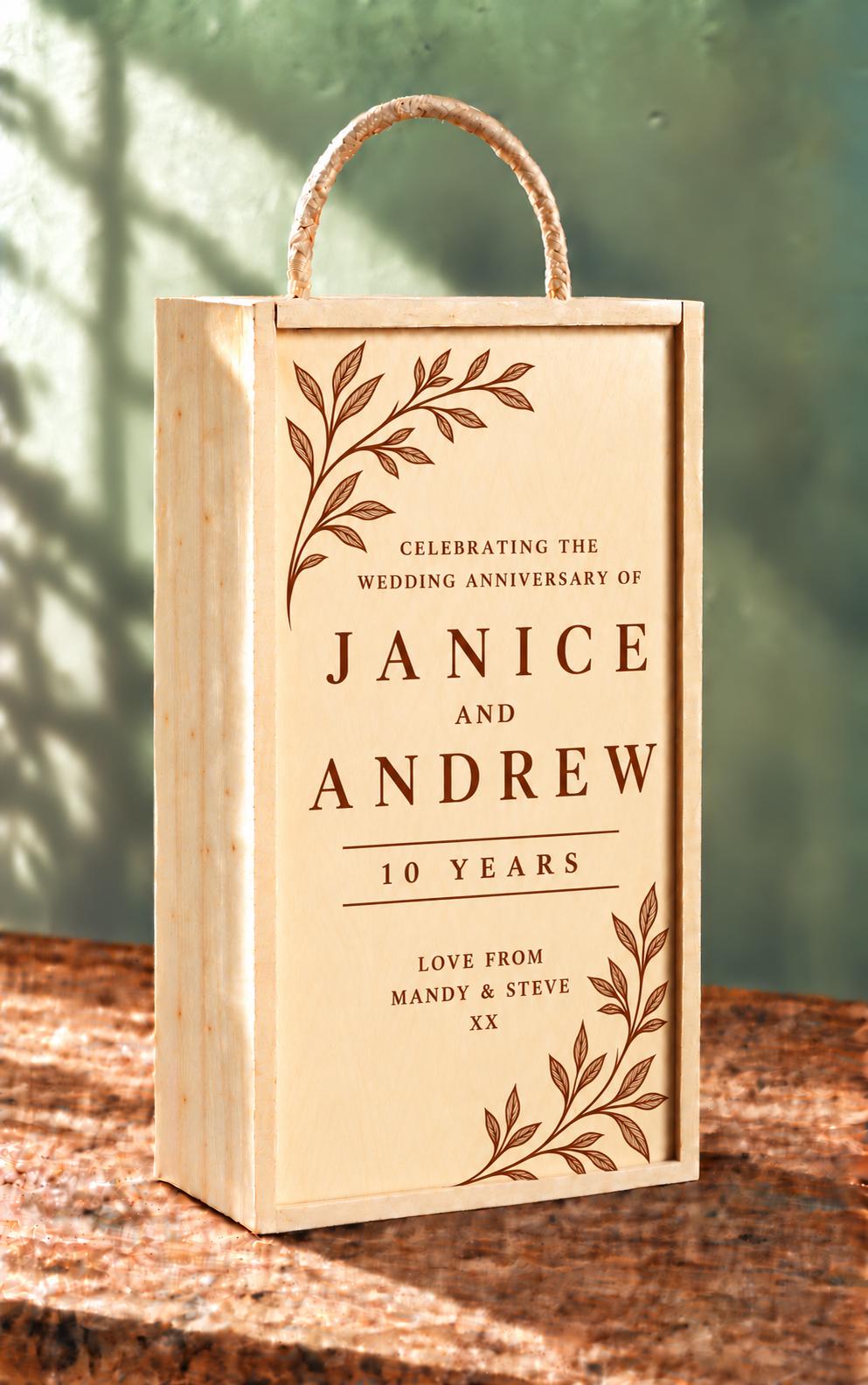 Floral wooden double wine wine, custom engraved with your own personal message