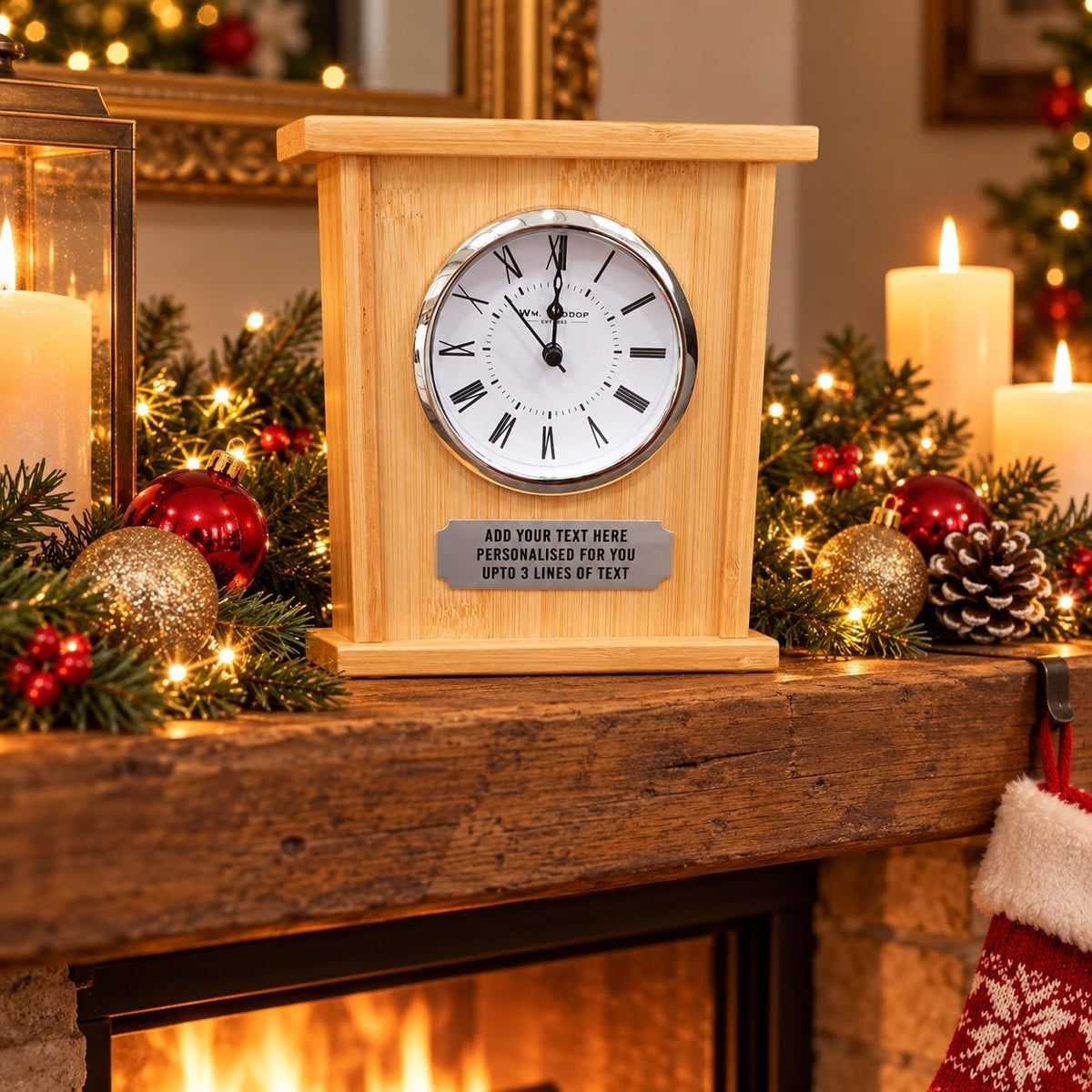 Front view of a bamboo mantel clock with a silver-toned Roman numeral face and personalisation plaque.