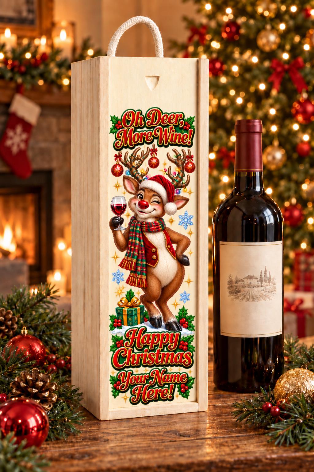 Personalised wooden Christmas wine box with rope handle, colourful reindeer artwork and Oh Deer More Wine wording beside a wine bottle.