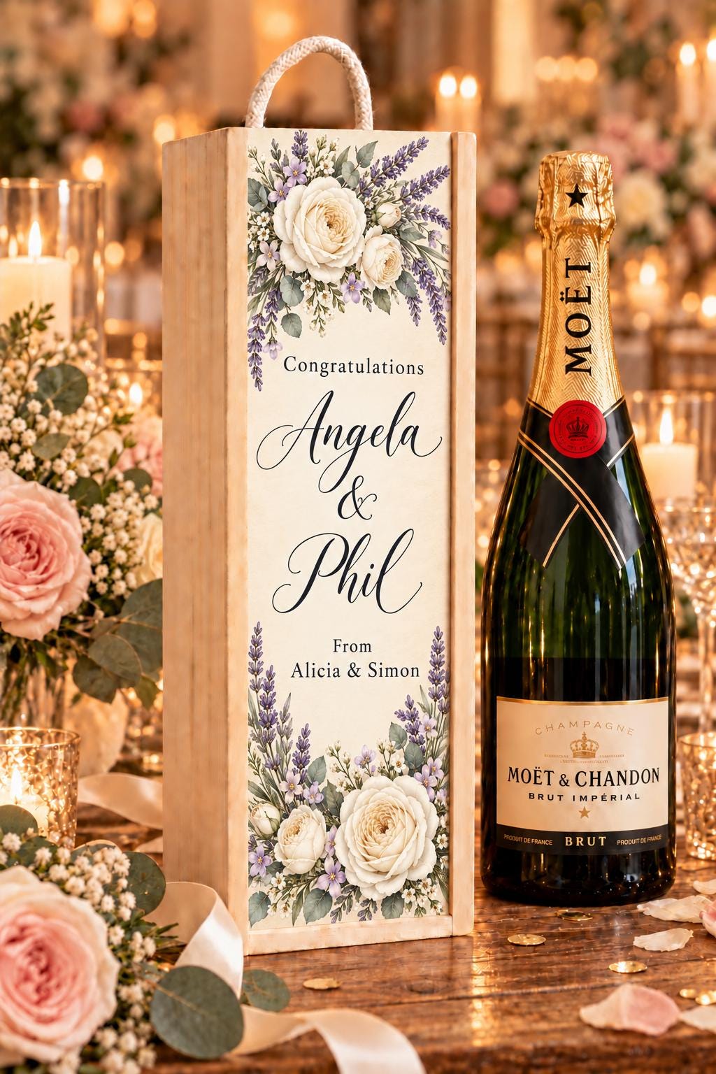 Personalised wooden wedding wine box with ivory roses, purple lavender and Angela and Phil lettering beside a Champagne bottle.