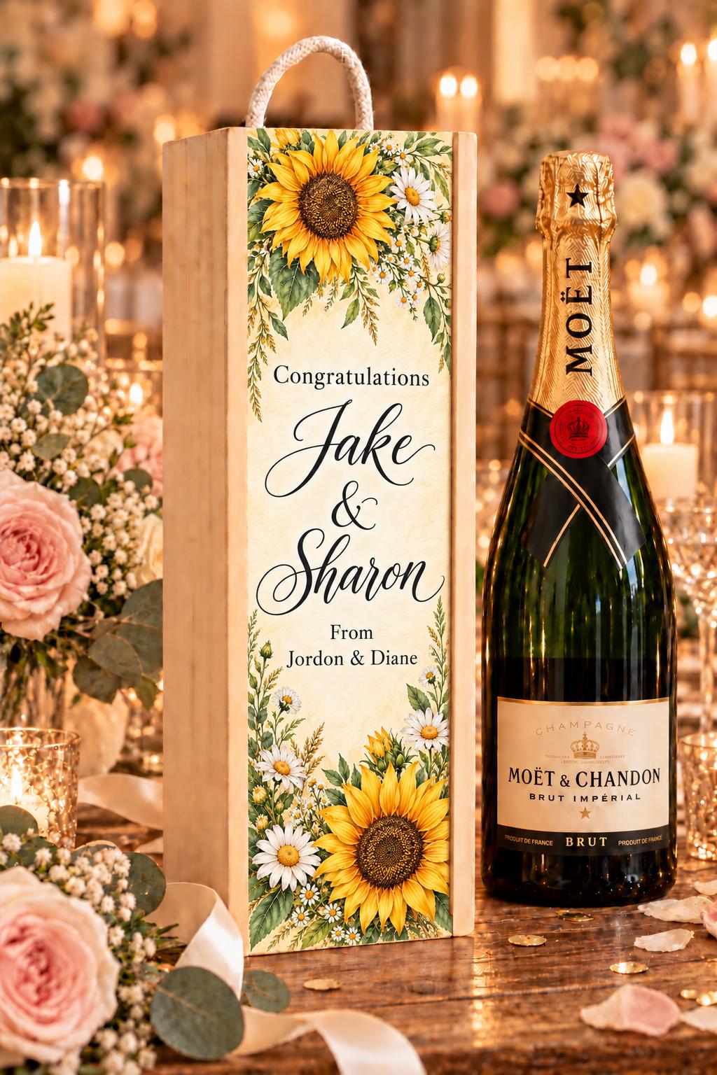 Personalised wooden wedding wine box with golden sunflowers, white daisies and Jake and Sharon lettering beside Champagne.