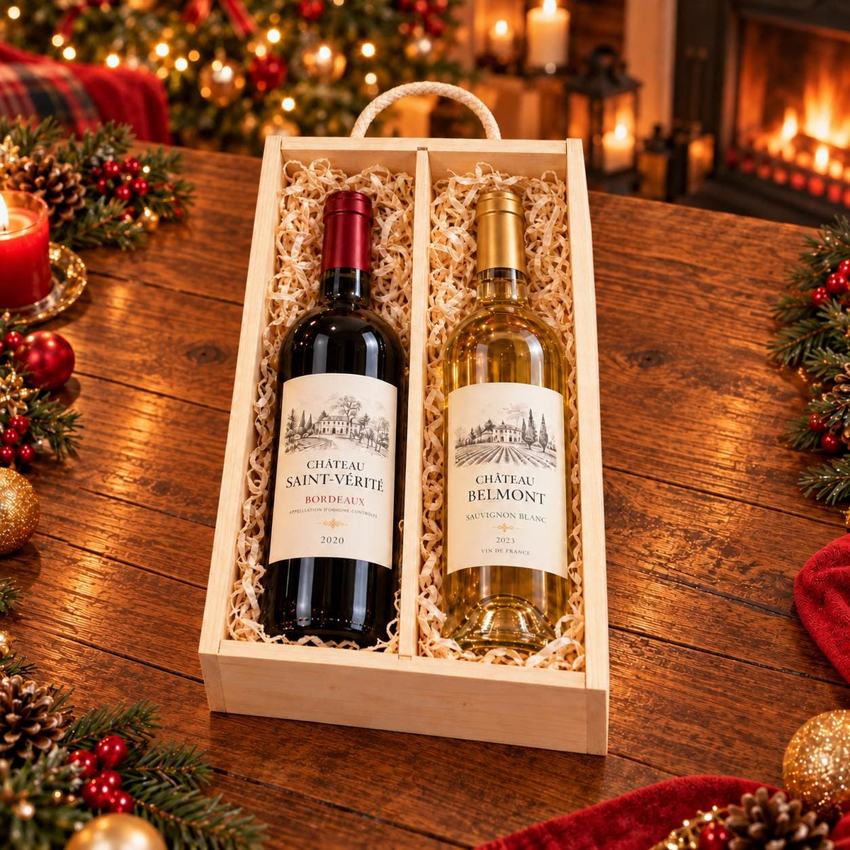 Open wooden two-bottle wine gift box with a central divider and wood wool filling, shown holding red and white wine on a festive table.