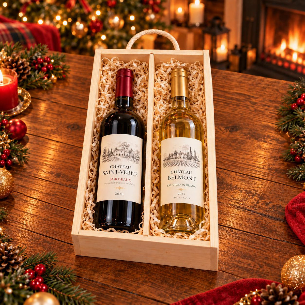 Open wooden two-bottle wine gift box with a central divider and wood wool filling, shown holding red and white wine on a festive table.