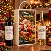 Personalised wooden double wine box with Santa and Mrs Claus Christmas artwork and Sarah & Jamie message, displayed beside two wine bottles.