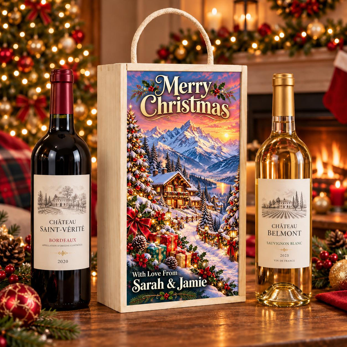 Personalised wooden double wine box with snowy mountain chalet artwork, Merry Christmas lettering and Sarah & Jamie message, beside two wine bottles.