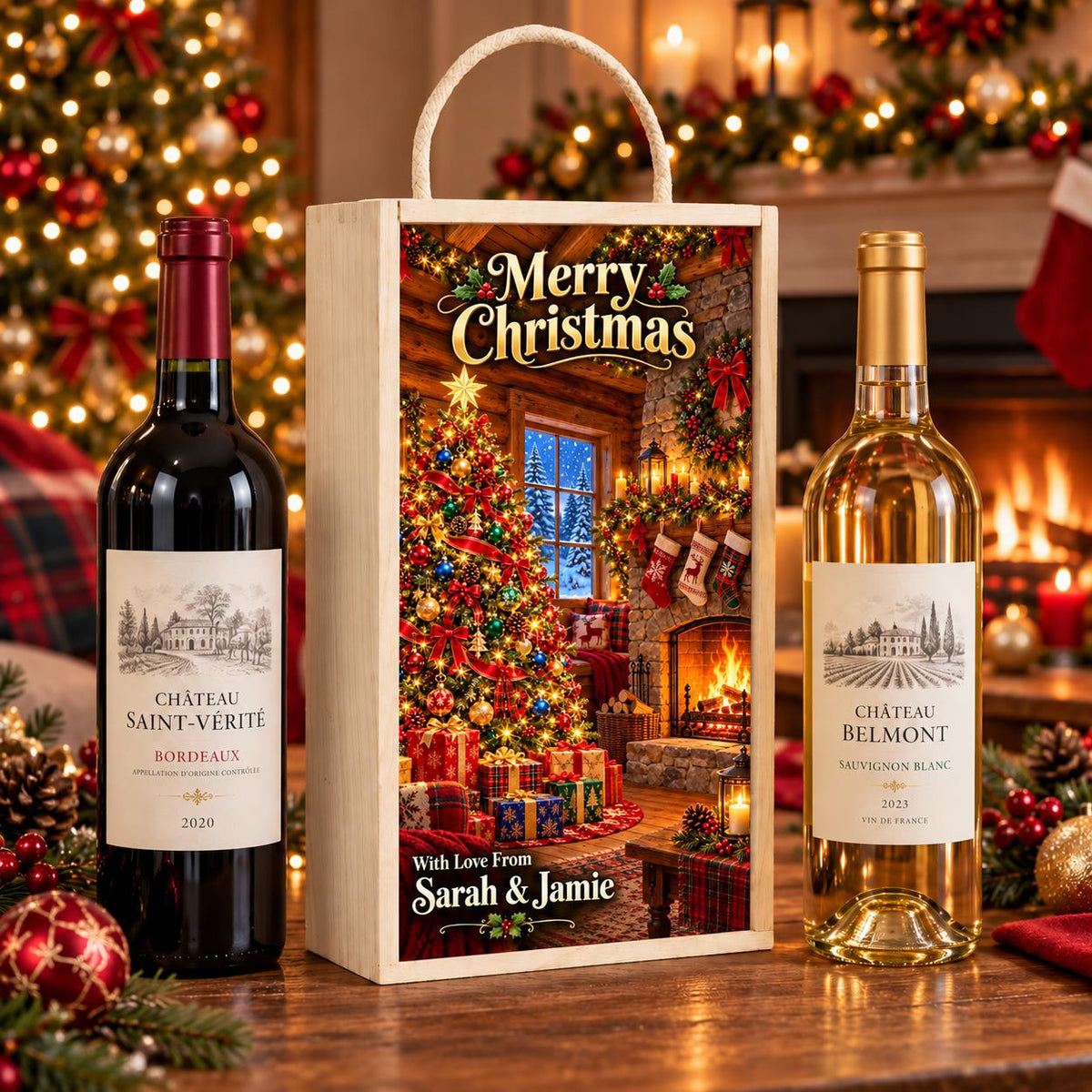 Personalised wooden double wine box with Christmas tree and fireplace artwork, Merry Christmas lettering and Sarah & Jamie message, beside two wine bottles.