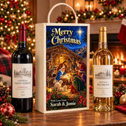 Personalised wooden double wine box with Nativity scene, Star of Bethlehem and Merry Christmas lettering, with Sarah & Jamie message beside two wine bottles.
