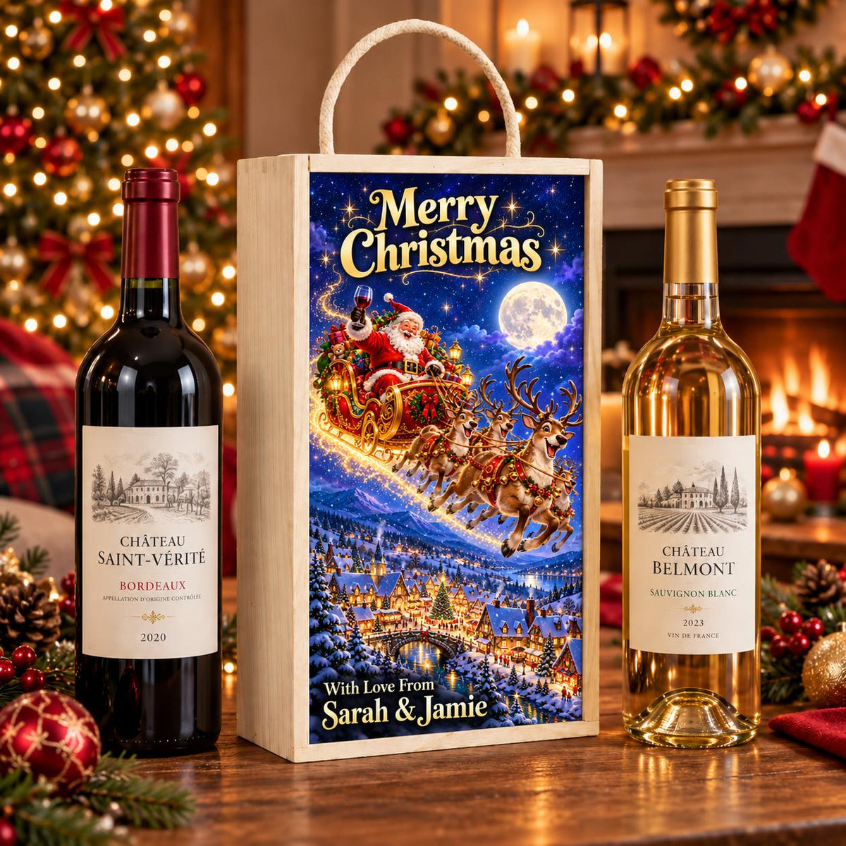 Personalised wooden double wine box with Santa raising a wine glass in a flying sleigh above a snowy village, with Merry Christmas and Sarah & Jamie text.