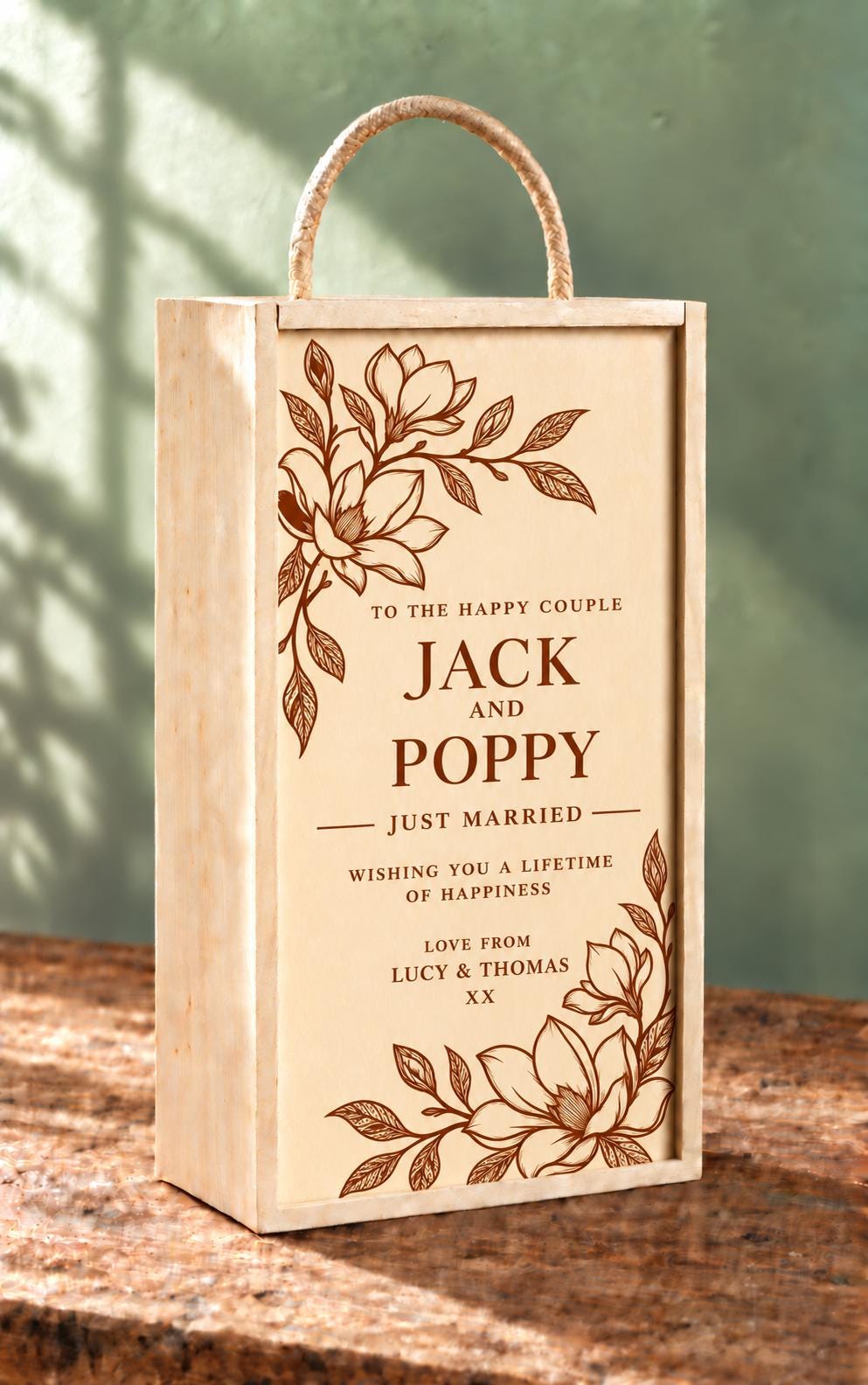 Floral wooden double wine wine, custom engraved with your own personal message
