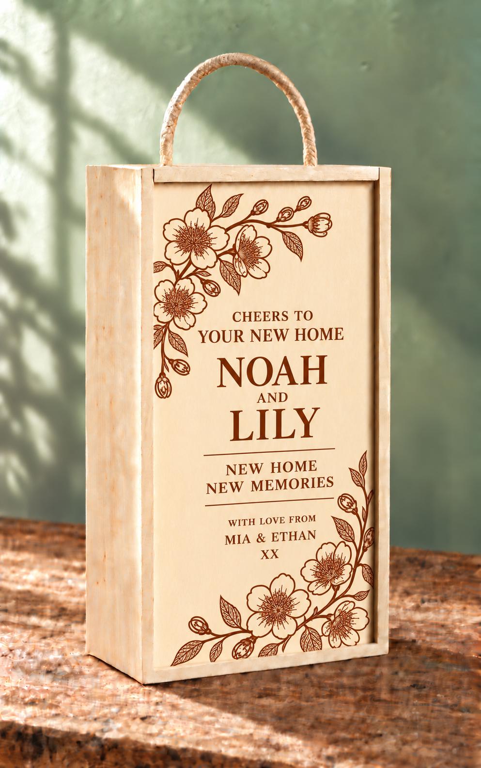 Floral wooden double wine wine, custom engraved with your own personal message