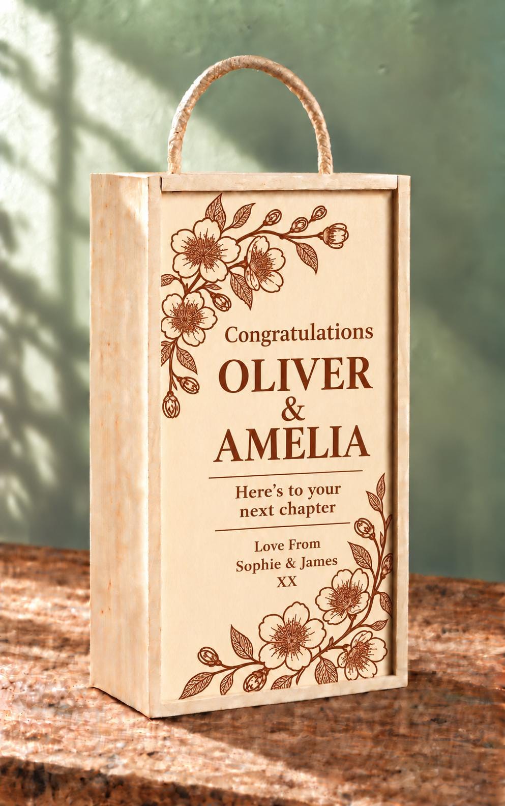 Floral wooden double wine wine, custom engraved with your own personal message