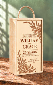 Floral wooden double wine wine, custom engraved with your own personal message