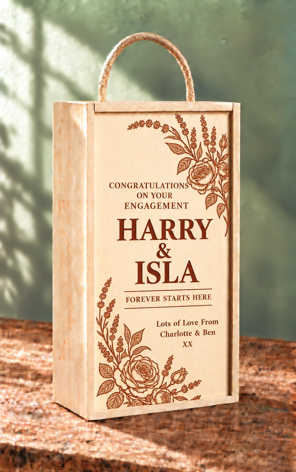 Floral wooden double wine wine, custom engraved with your own personal message