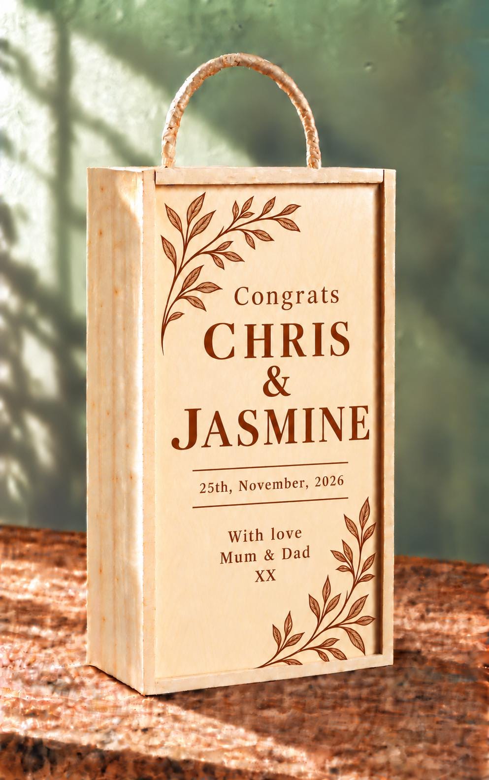 Floral wooden double wine wine, custom engraved with your own personal message
