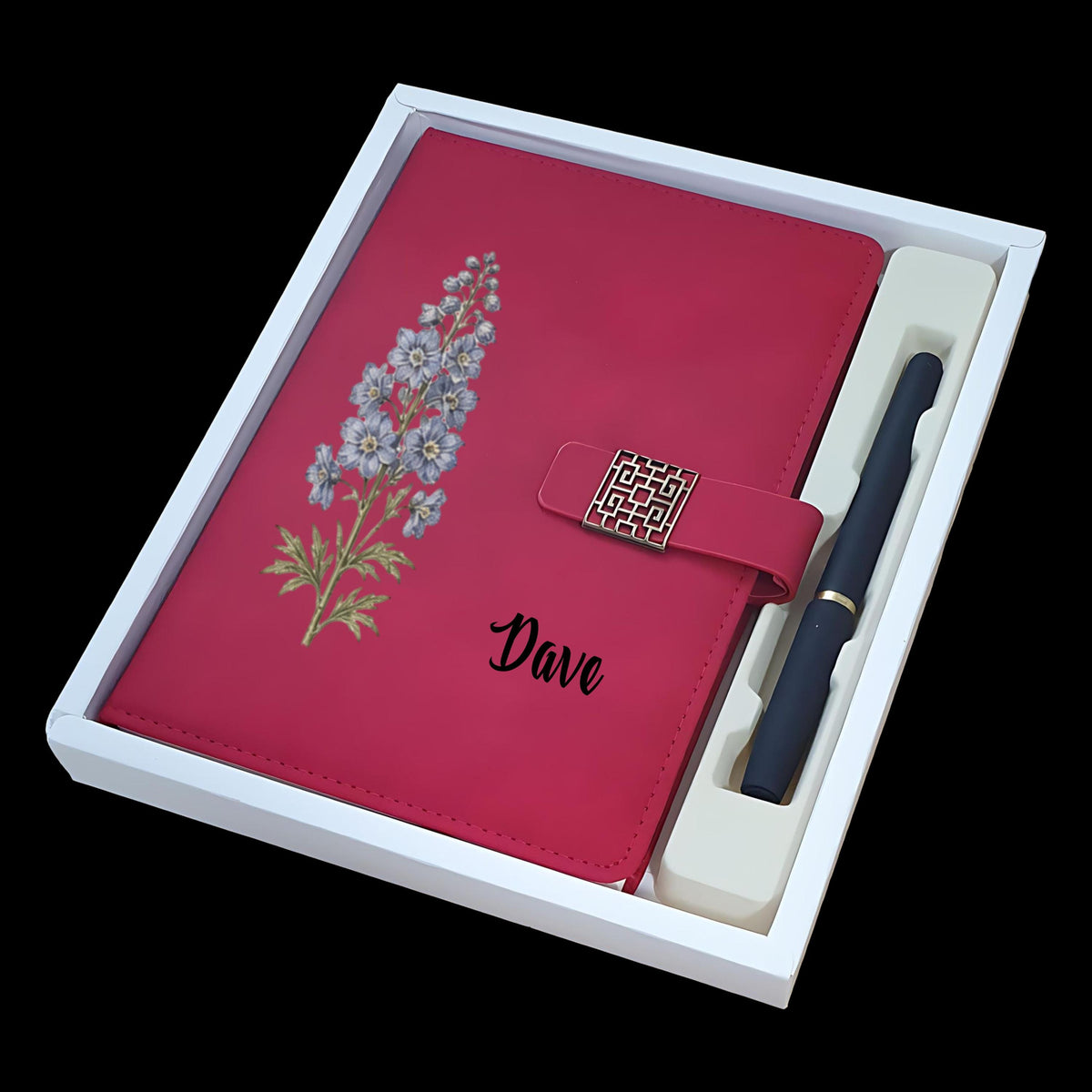 Personalized Floral eco-Leather Notebook Set, Custom Name Journal with Pen, Birth Flower Gift, All Occasion Stationery Gift Box