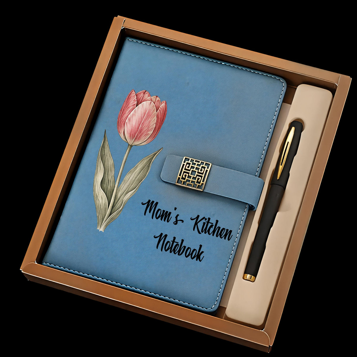 Personalized Floral eco-Leather Notebook Set, Custom Name Journal with Pen, Birth Flower Gift, All Occasion Stationery Gift Box