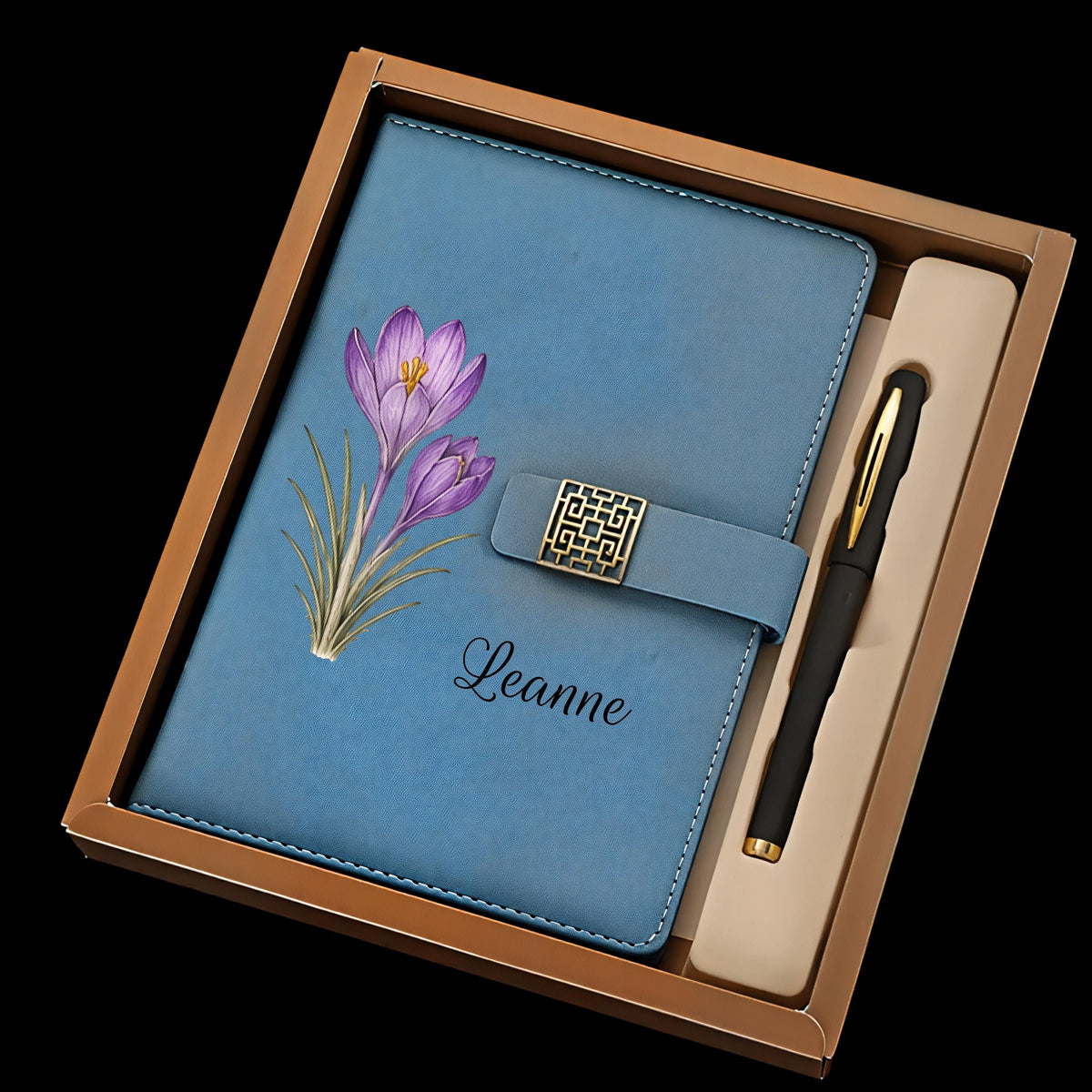 Personalized Floral eco-Leather Notebook Set, Custom Name Journal with Pen, Birth Flower Gift, All Occasion Stationery Gift Box