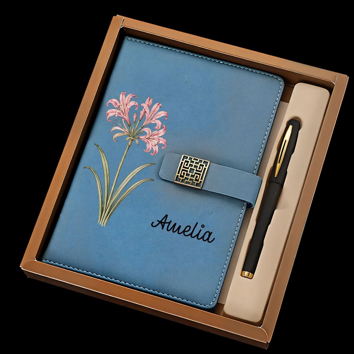 Personalized Floral eco-Leather Notebook Set, Custom Name Journal with Pen, Birth Flower Gift, All Occasion Stationery Gift Box