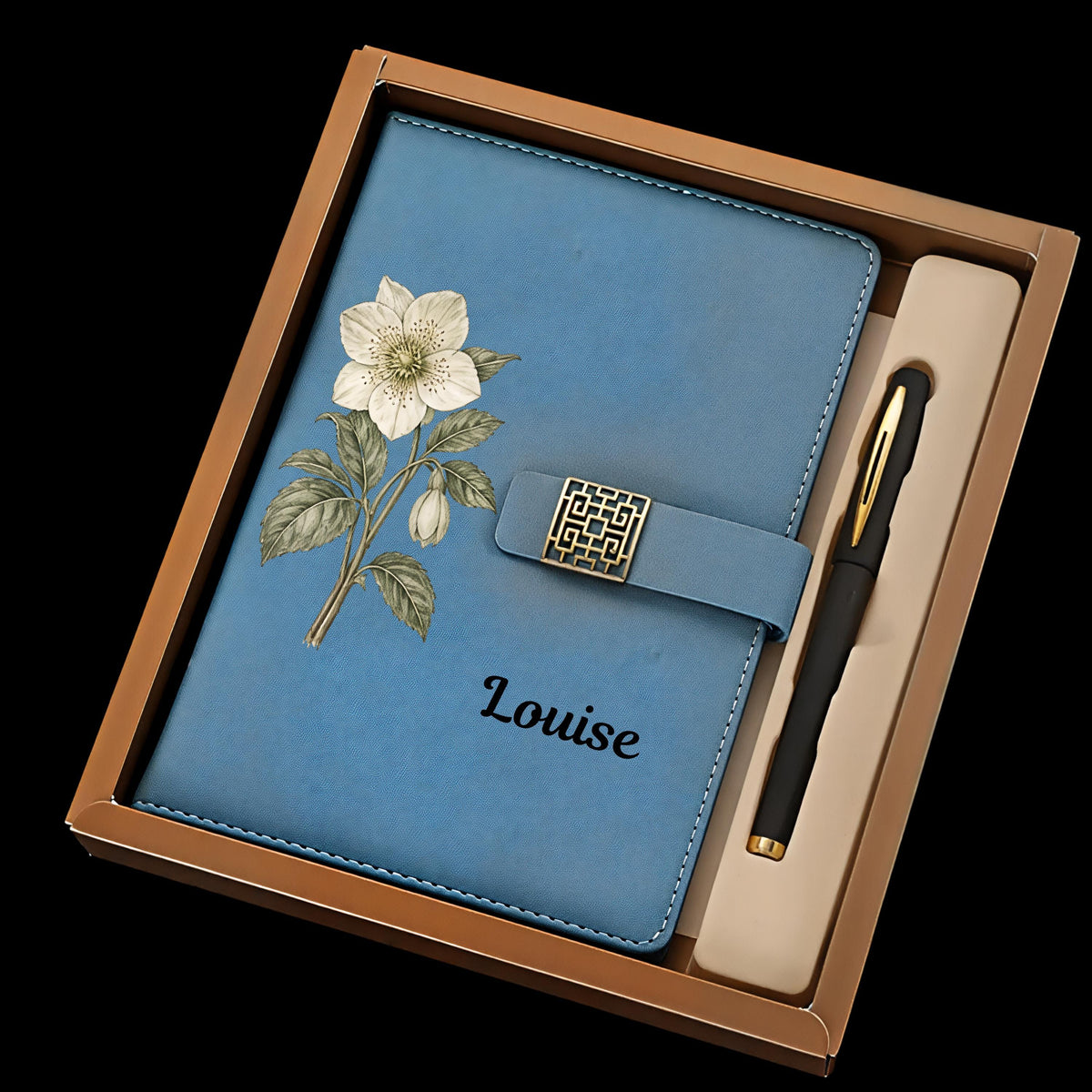 Personalized Floral eco-Leather Notebook Set, Custom Name Journal with Pen, Birth Flower Gift, All Occasion Stationery Gift Box