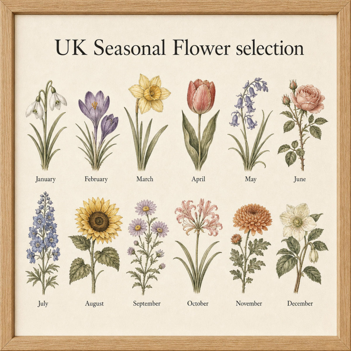 A framed botanical art print titled 'UK Seasonal Flower selection' showing 12 illustrated flowers arranged by month, from January to December, on a cream background with a light wood frame.