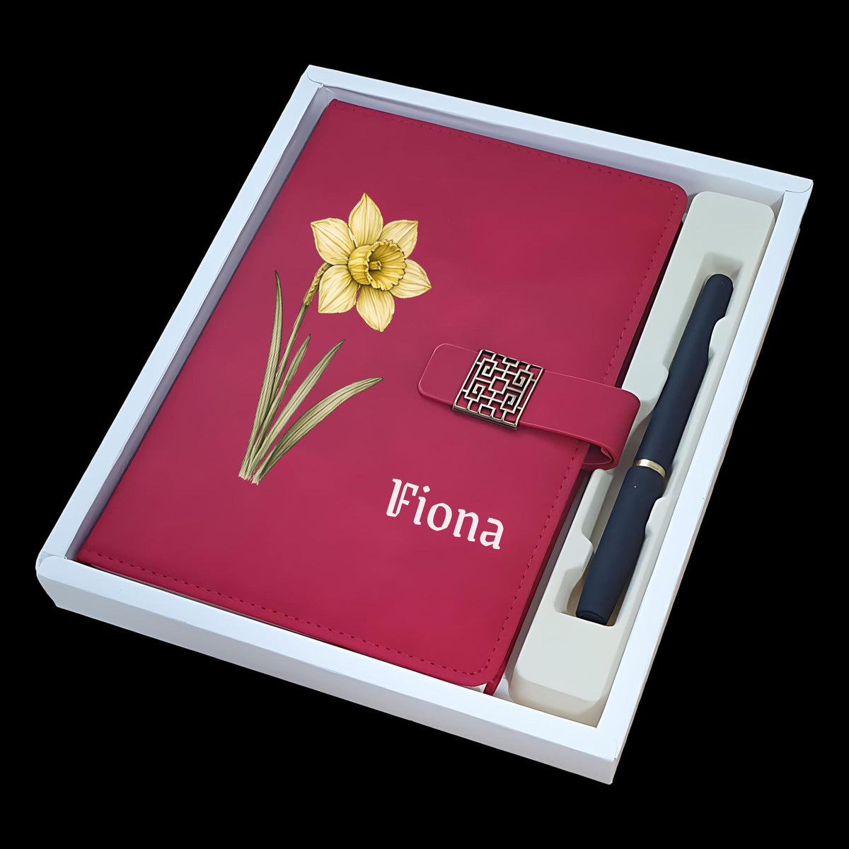 Personalized Floral eco-Leather Notebook Set, Custom Name Journal with Pen, Birth Flower Gift, All Occasion Stationery Gift Box