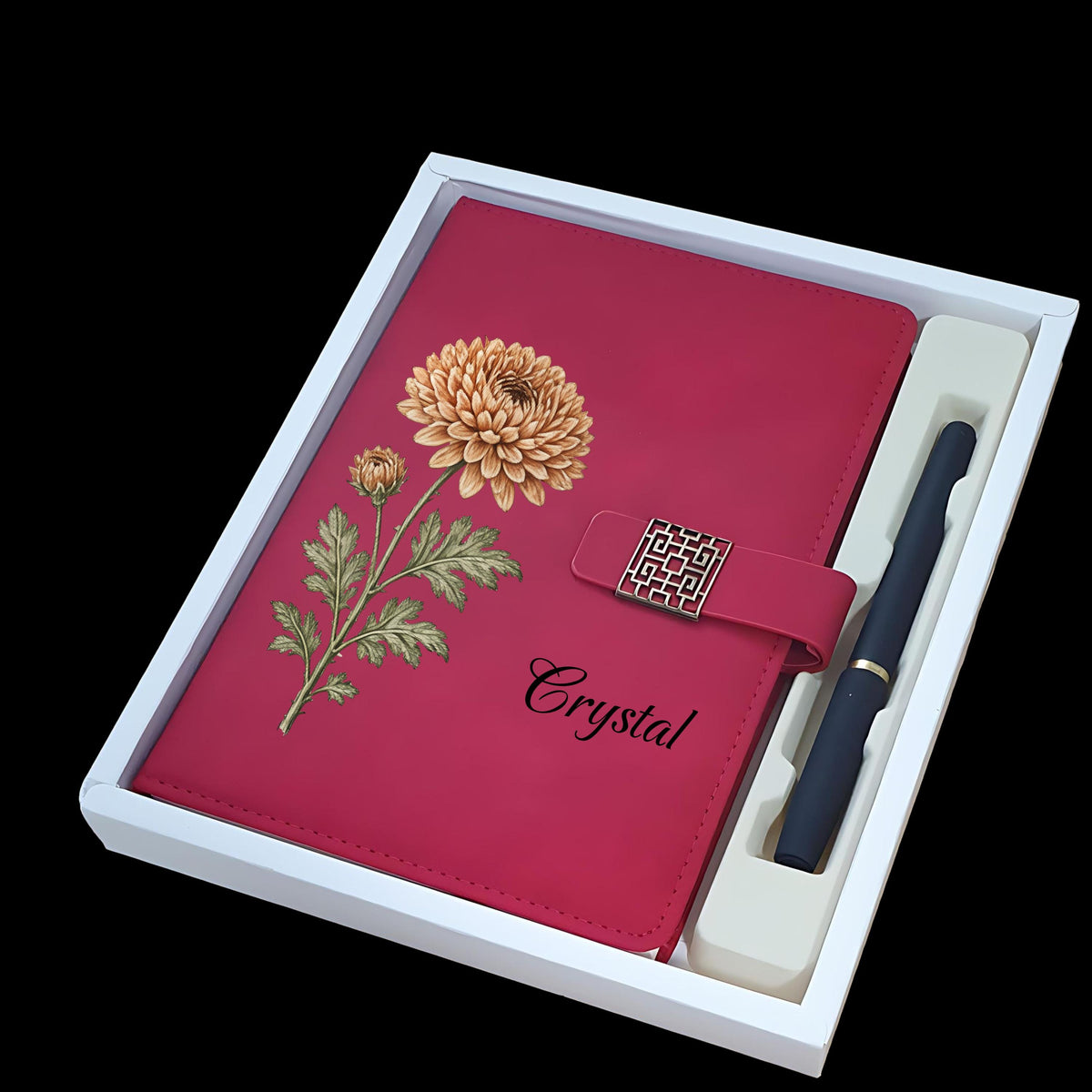 Personalized Floral eco-Leather Notebook Set, Custom Name Journal with Pen, Birth Flower Gift, All Occasion Stationery Gift Box