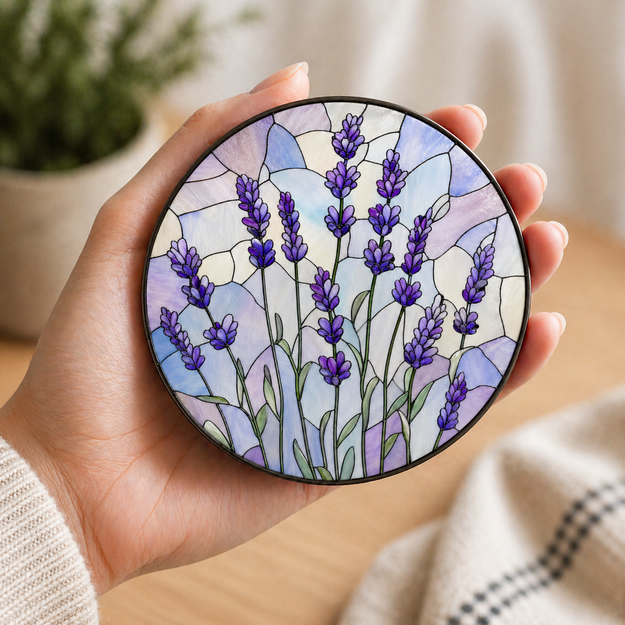 Lavender Stained Glass Coaster, Purple Floral Acrylic Drink Coaster