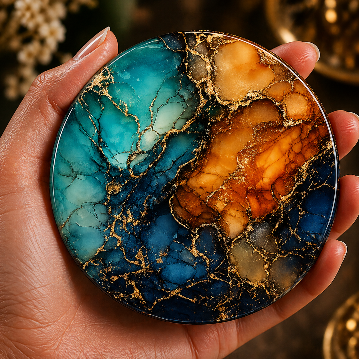 Teal and amber marble effect coaster with gold veining held in hand, round 9.5cm cork backed drink coaster luxury decor
