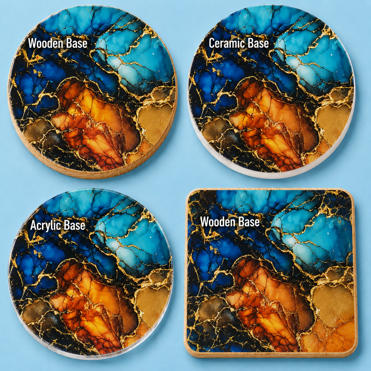 Four coasters arranged in a 2x2 grid on a light blue background, each showing a marbled abstract pattern in blue, black, gold, and orange. Two coasters have wooden bases and two have acrylic bases; two are labeled 'Wooden Base' and two are labeled 'Acrylic Base.