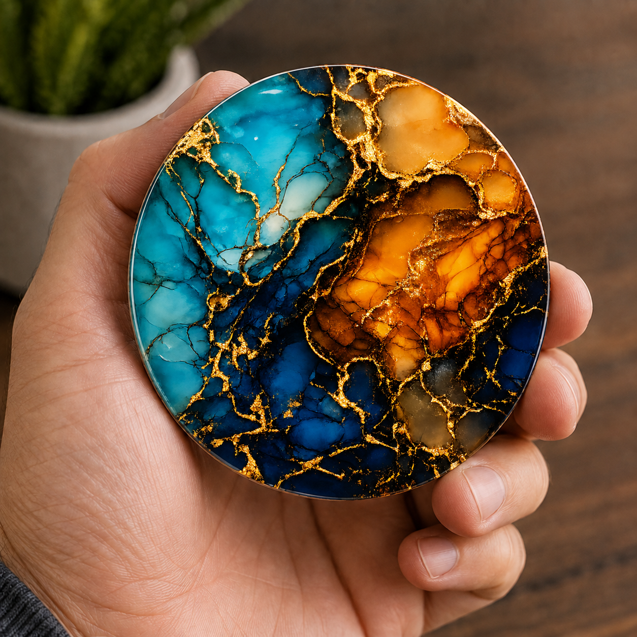 A hand holds a round coaster featuring a marbled pattern of blue, teal, and amber-orange with metallic gold veins, set against a blurred wooden background.