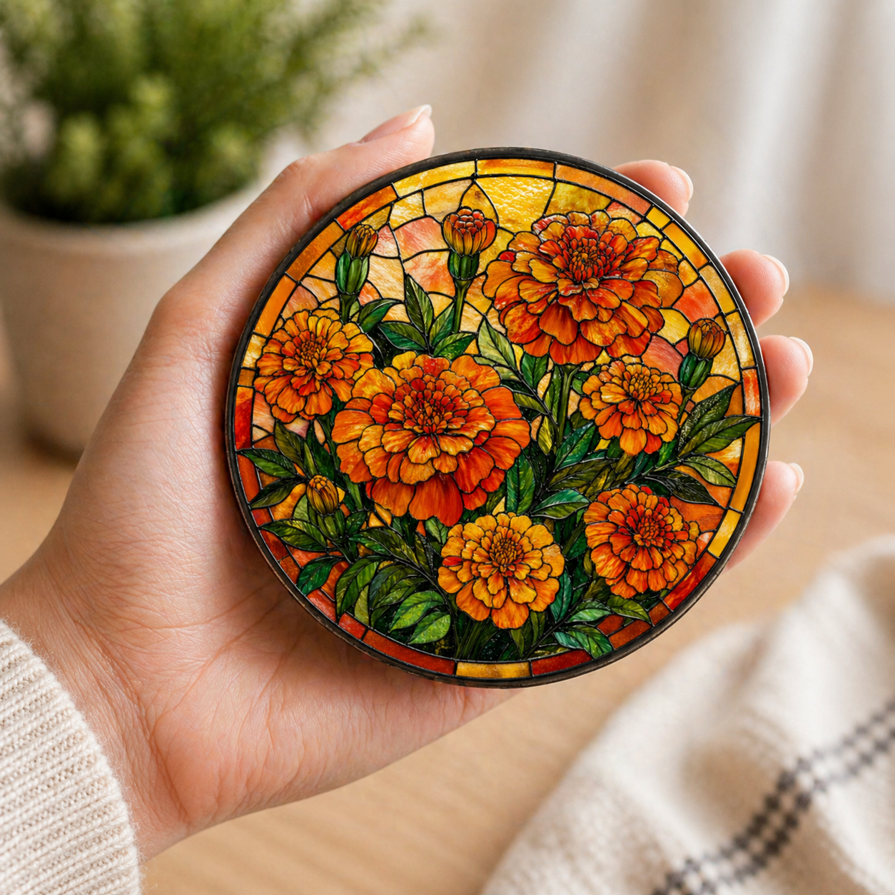 Close-up of marigold stained glass effect coaster with bright orange flowers and warm golden background, showing detailed floral design and circular shape
