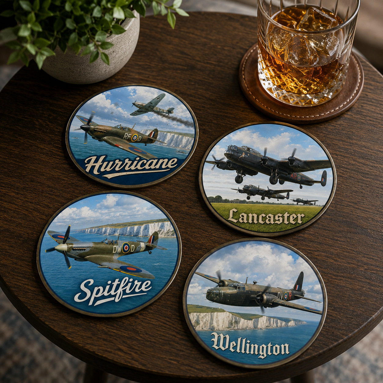 Set of four WW2 RAF aircraft acrylic coasters including Spitfire, Hurricane, Lancaster and Wellington designs on wooden table with whiskey glass.