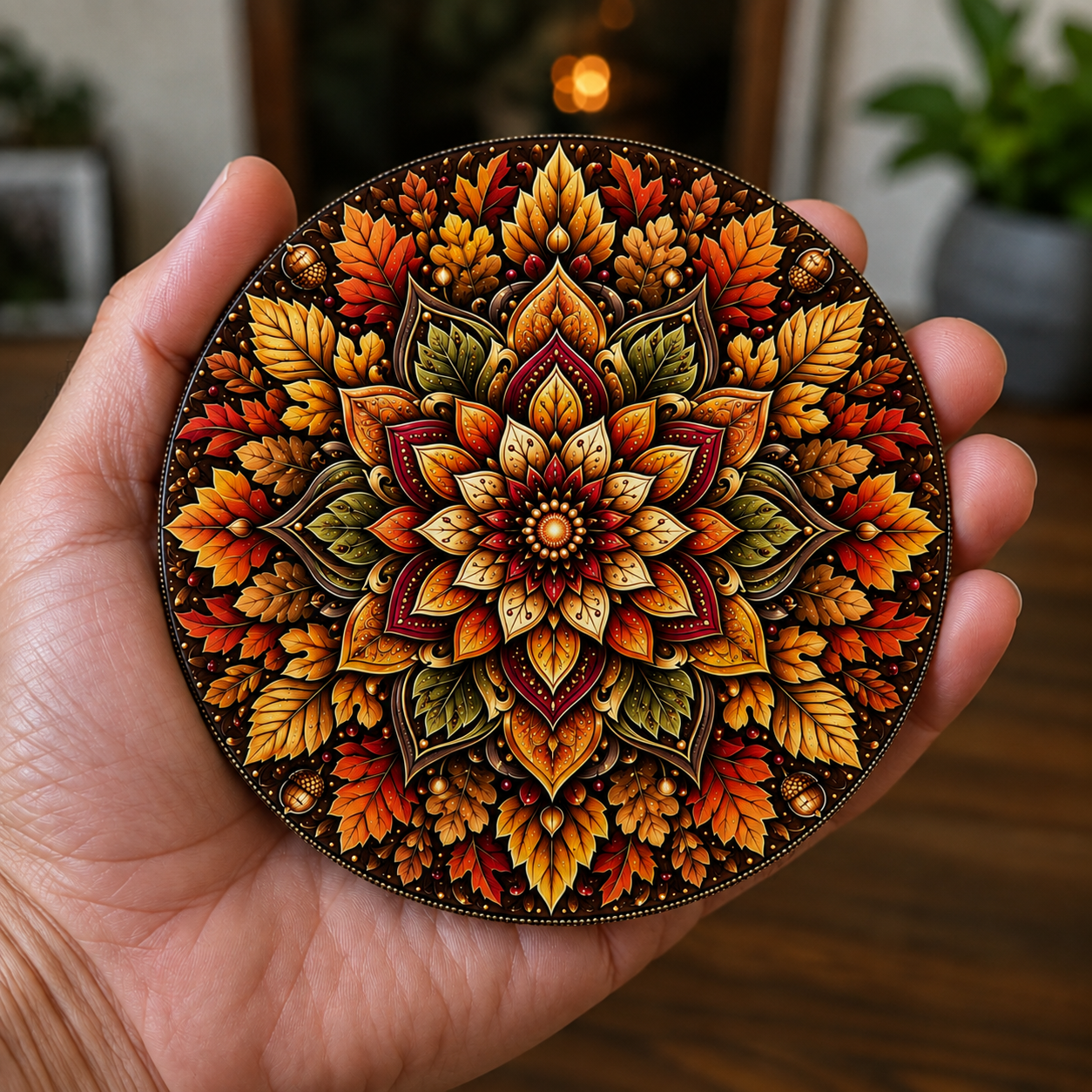 A hand holds a round decorative coaster or mat featuring a highly detailed, symmetrical autumn leaf mandala design in shades of orange, yellow, red, and green on a dark background.