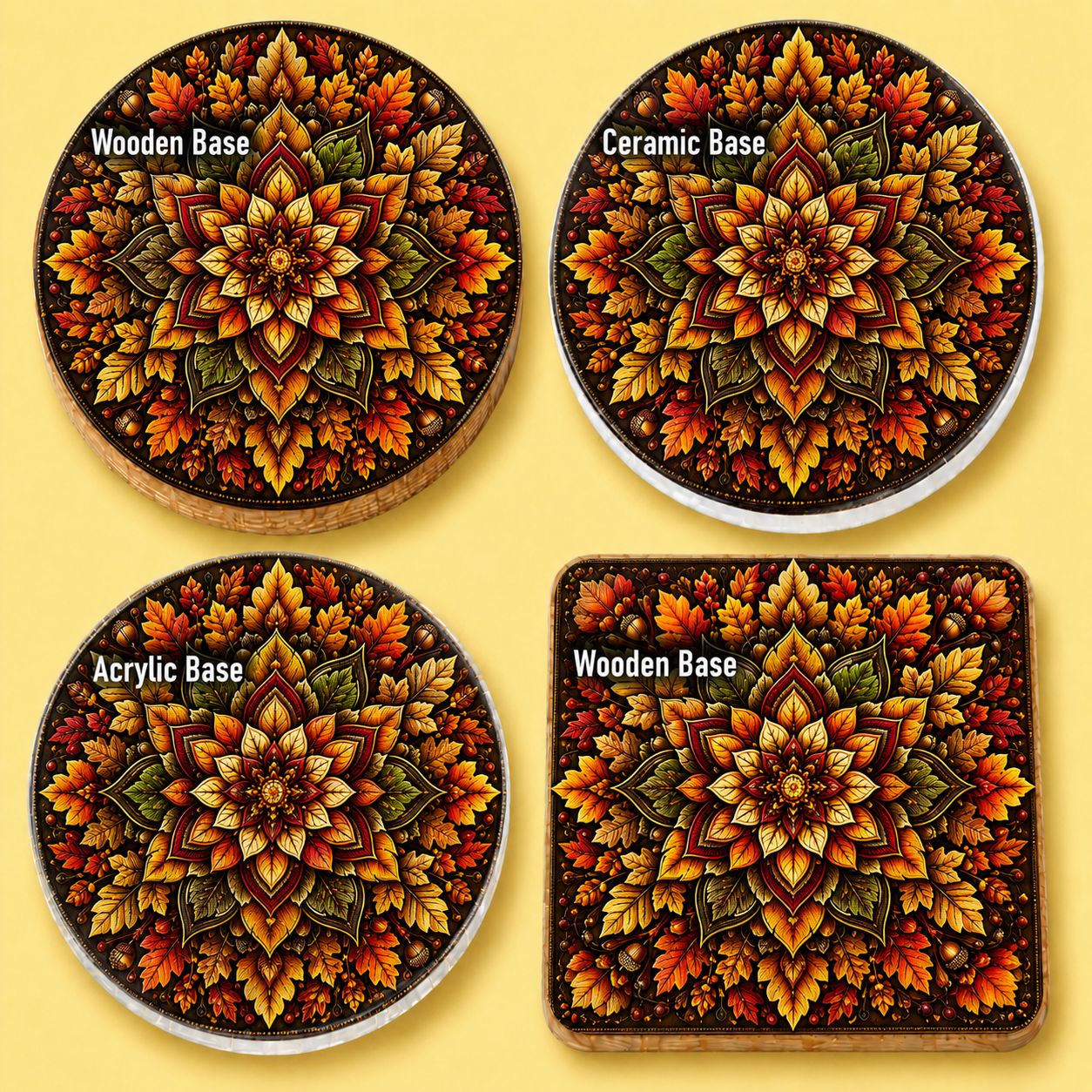 Four decorative coasters with a detailed autumn leaf mandala design, arranged in a 2x2 grid on a pale yellow background. The coasters feature different base materials: two round coasters have wooden bases, one has a ceramic base, and one has an acrylic base.