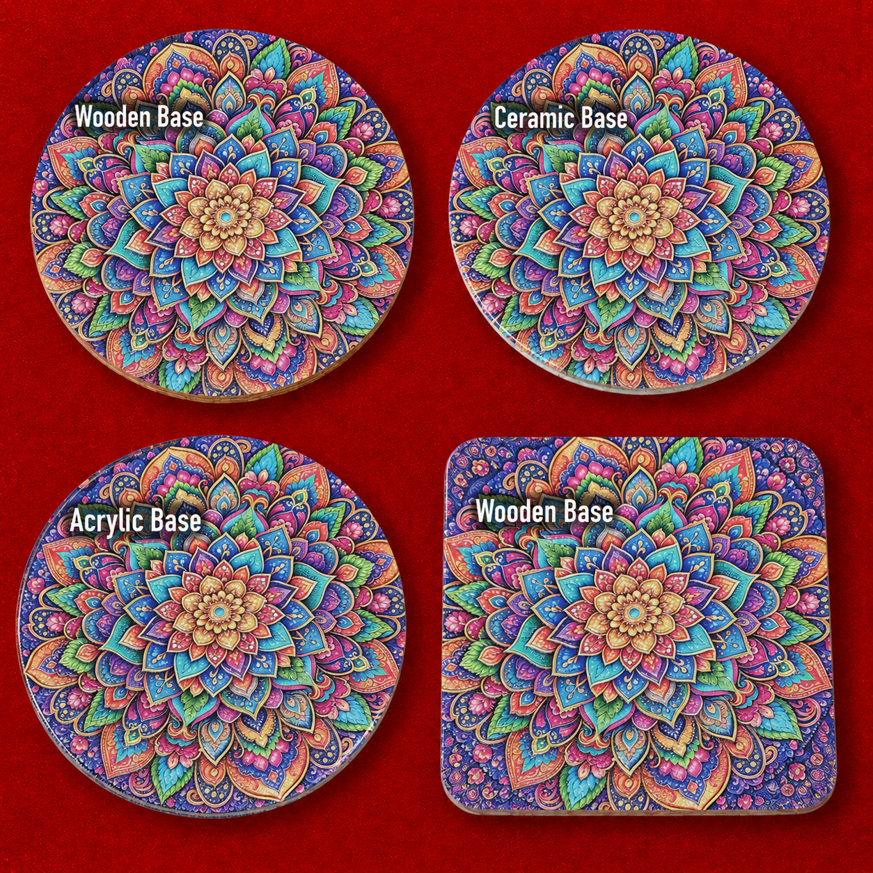 Four decorative coasters with a colorful mandala pattern arranged in a 2x2 grid on a red background. Two round coasters are labeled 'Wooden Base' and two square coasters are labeled 'Acrylic Base' or 'Ceramic Base'.
