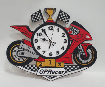 GP Racer wall clock inspired by MotoGP and Superbike racing with custom colour fairing
