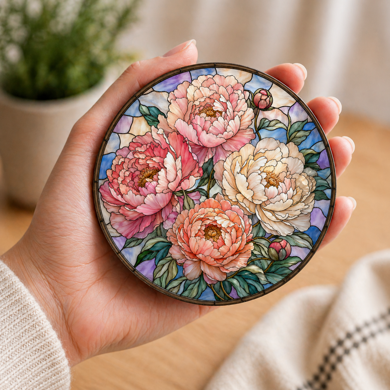 Close-up of peony stained glass effect coaster with pink and cream flowers, showing detailed floral design and circular shape