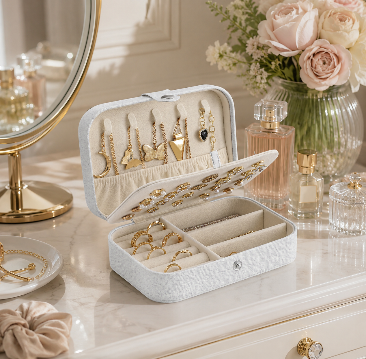 Travel jewellery organiser personalised with any name, decorated with soft tropical flowers and leaves, perfect for safely storing precious jewellery at home or while travelling.