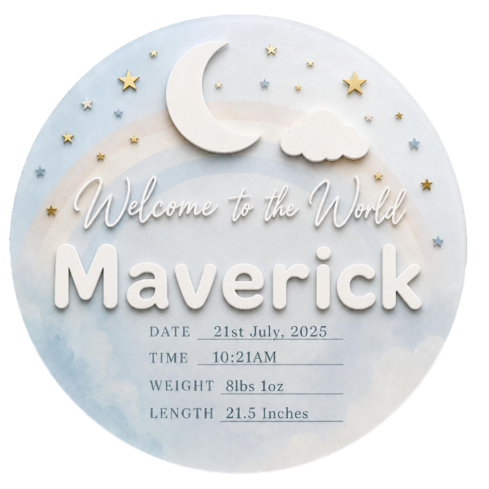 Custom baby name announcement plaque in a circular design with soft pastel rainbow background, moon, cloud and stars. Personalised birth keepsake recording baby's date, time, weight and length, perfect for displaying in a nursery or gifting to celebrate a new arrival.