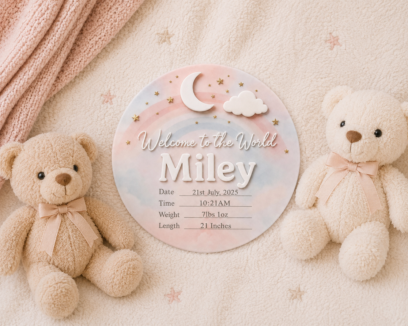 Custom baby birth statistics plaque featuring a pastel rainbow, moon, cloud and gold stars on a round acrylic-style sign. Personalised with baby's name and birth details, making a beautiful newborn keepsake, nursery decoration and thoughtful gift for new parents.