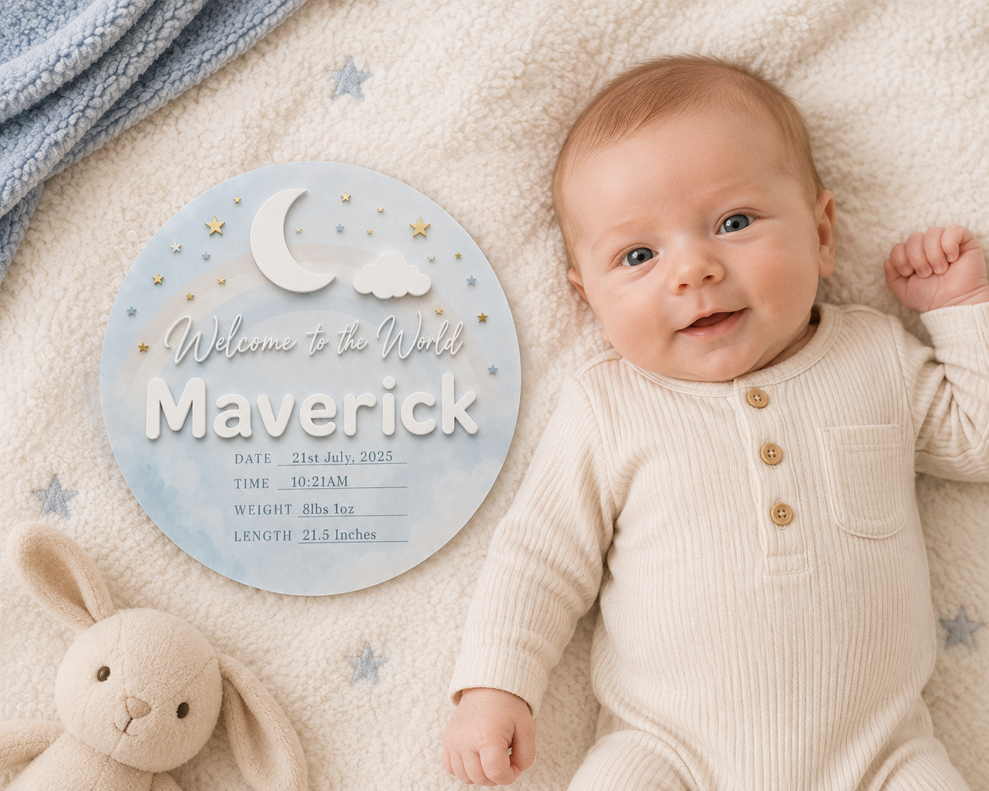 Personalised round baby announcement plaque with pastel rainbow, crescent moon, cloud and stars. Custom newborn keepsake displaying baby's name, birth date, time, weight and length, available in soft blue or pink designs for nursery décor, baby shower gifts and birth announcements.