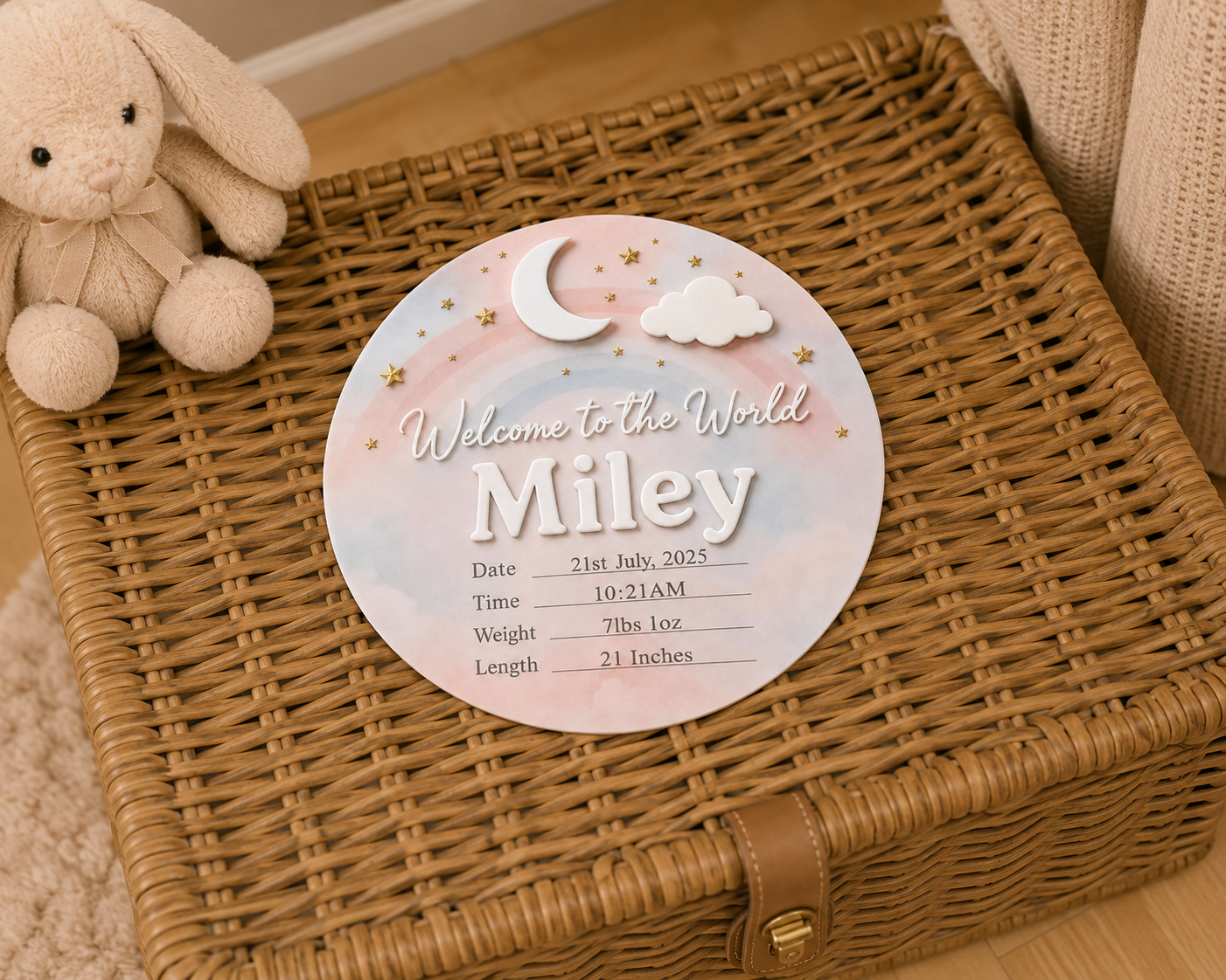 Round personalised newborn announcement sign with rainbow, moon, cloud and star theme. Custom baby name plaque includes space for birth date, time, weight and length, available in blue or pink pastel colours, perfect for nursery décor, christening gifts and baby keepsakes.