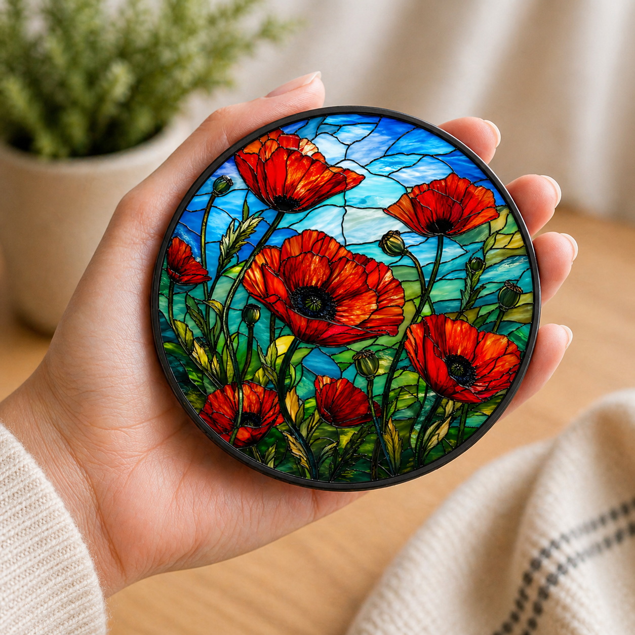 Round acrylic drink coaster featuring vibrant red poppies in a stained glass effect with blue sky background and green stems