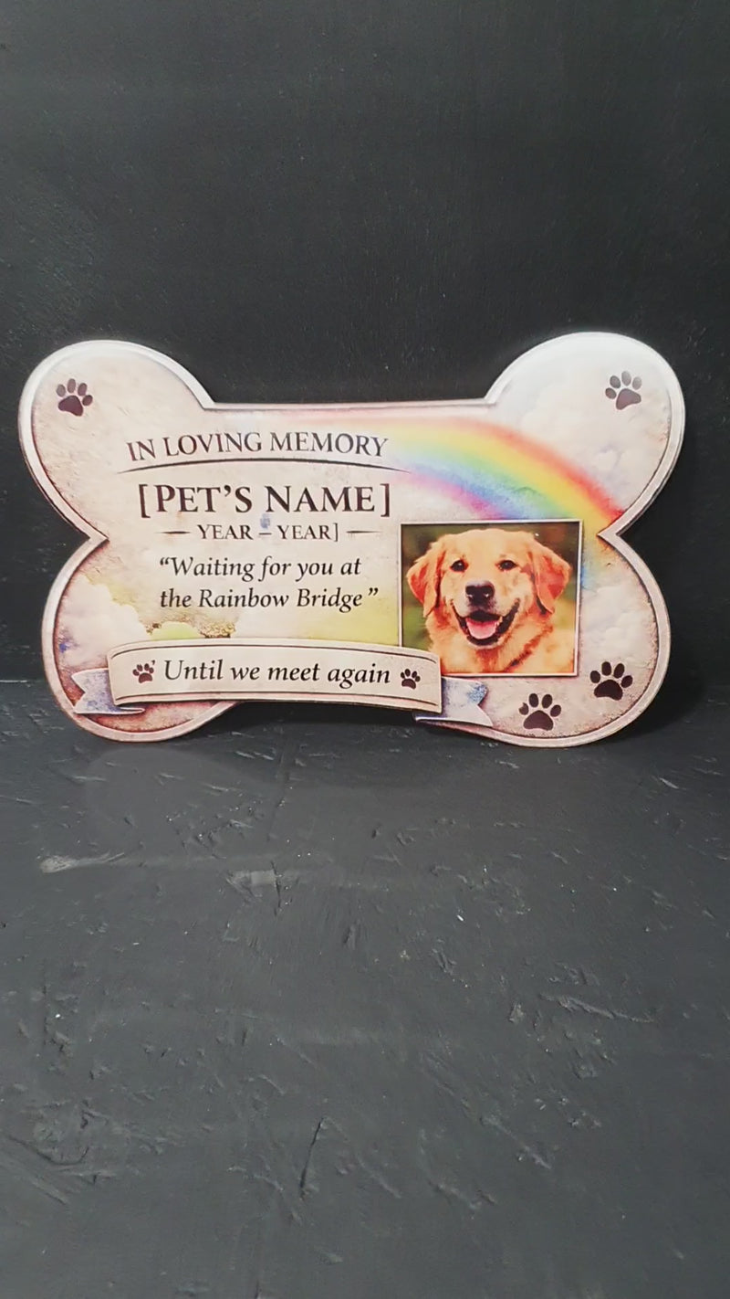 Personalised pet bereavement plaque featuring name, dates and photo, dog or cat tribute display for home.