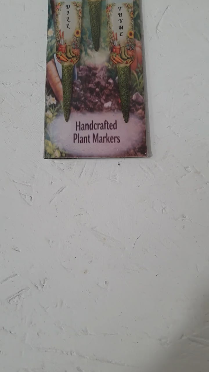 Load video: Herb plant markers set laid on lawn with pink flowers, showcasing decorative acrylic stakes for Parsley, Tarragon, Mint, Dill and Thyme, ideal for garden beds and pots.