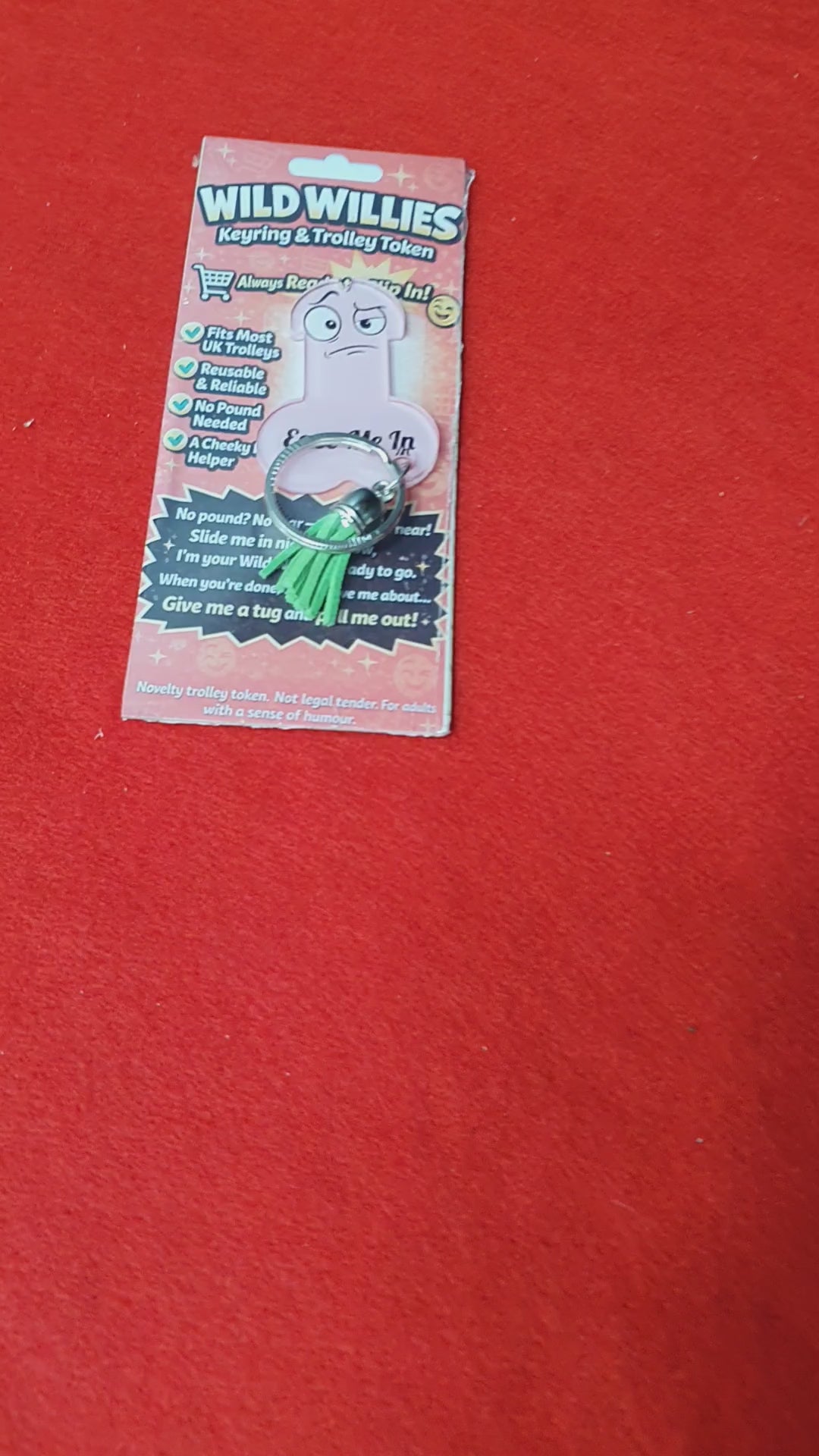 Load video: Wild Willies supermarket trolley coin keyring with tassel