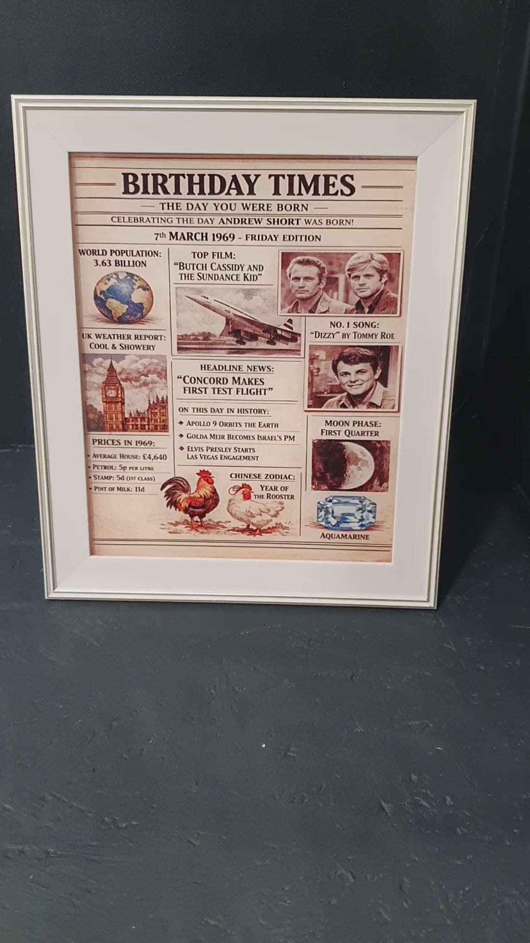 Load video: Personalised birthday facts acrylic print, milestone birthday gift for 40th 50th 60th celebrations, ready framed display.