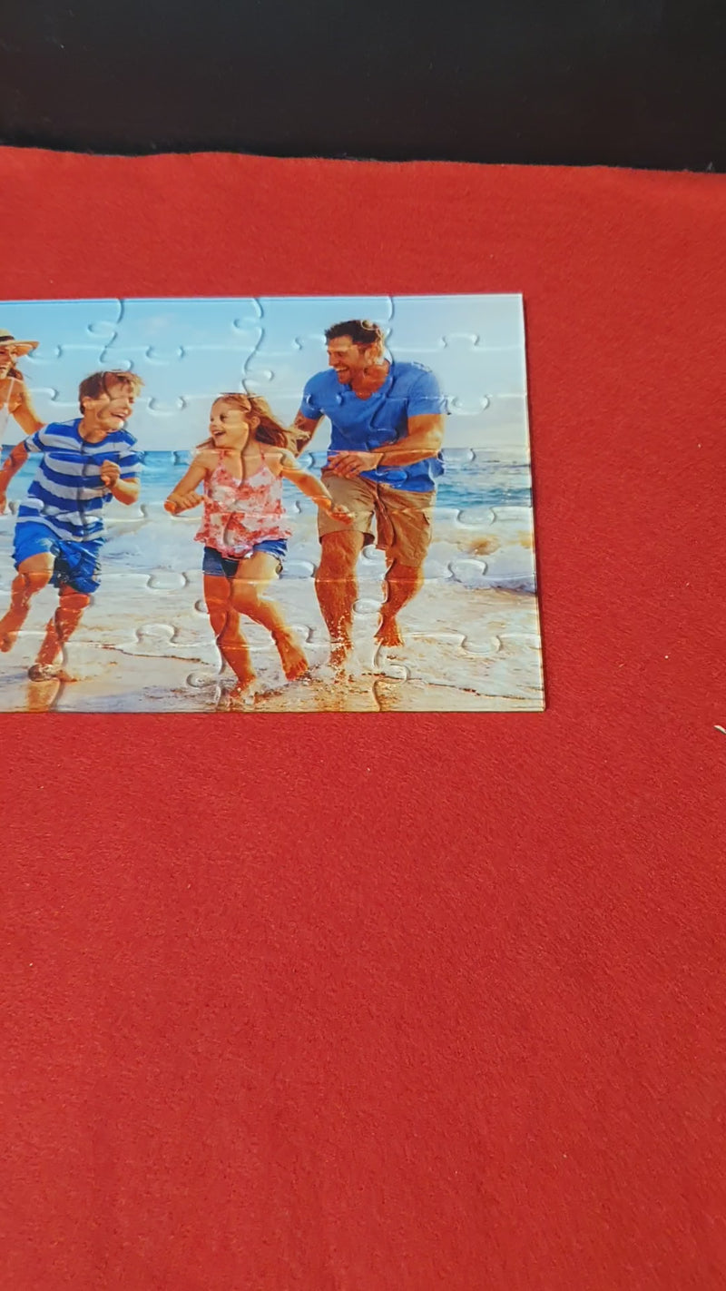 Personalised jigsaw puzzle with vibrant full-colour photo printing, presented in a matching keepsake gift box and organza storage bag for easy storage.