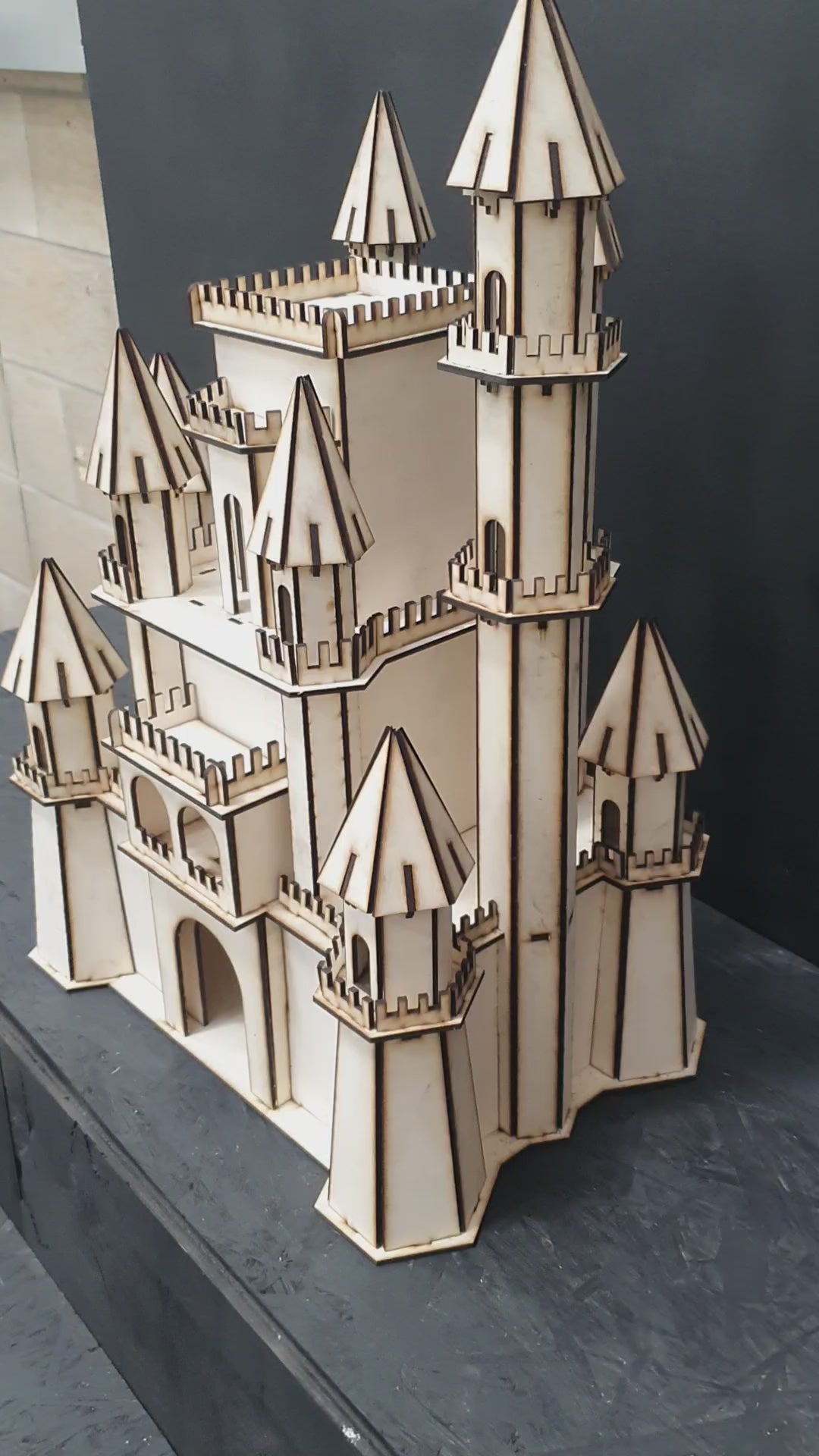 Load video: Wooden 3D Modern Medieval Castle Puzzle – 3mm Plywood Laser-Cut DIY Craft