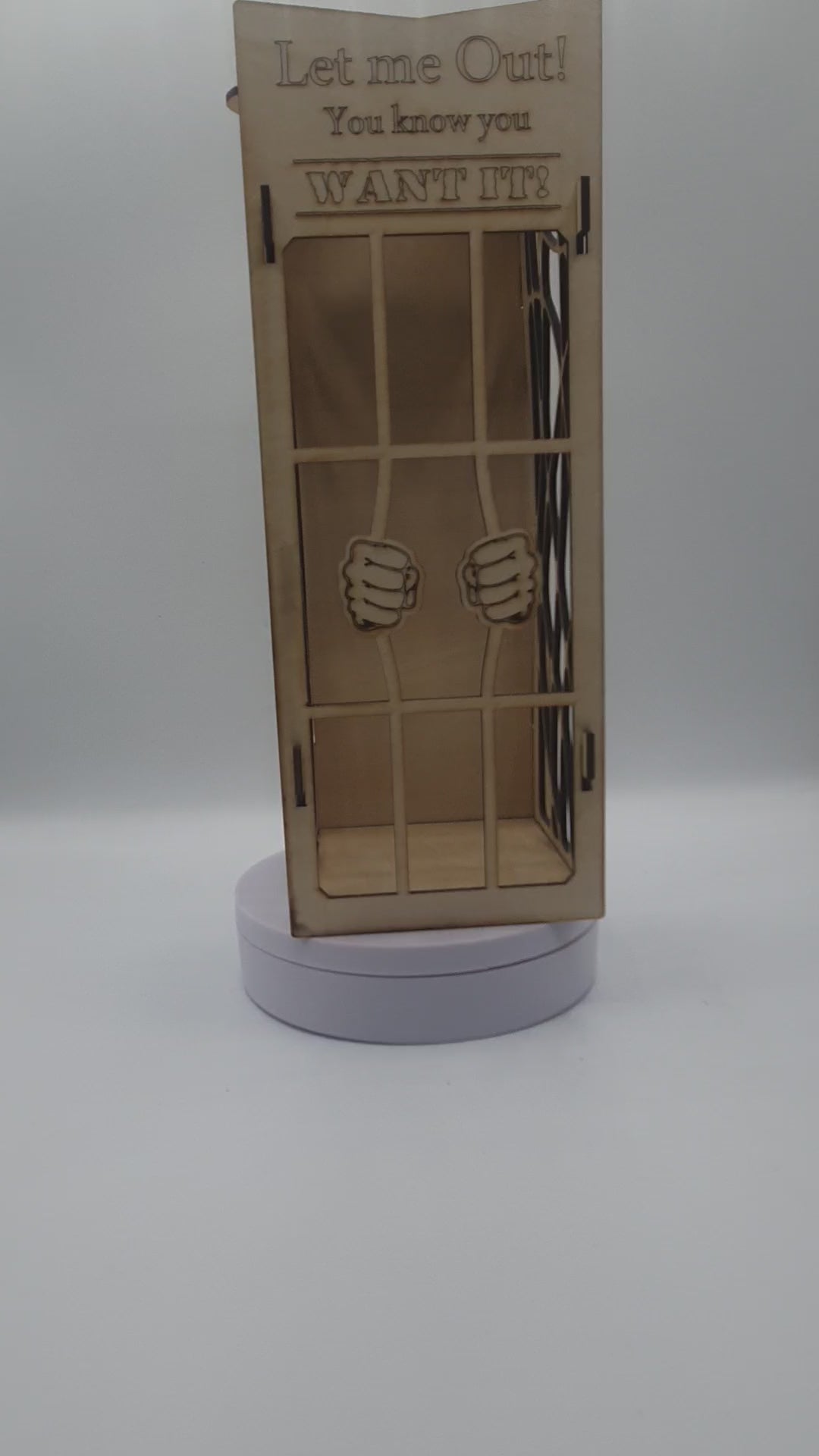 Load video: Wooden &quot;Let Me Out Of Here&quot; Wine Holder